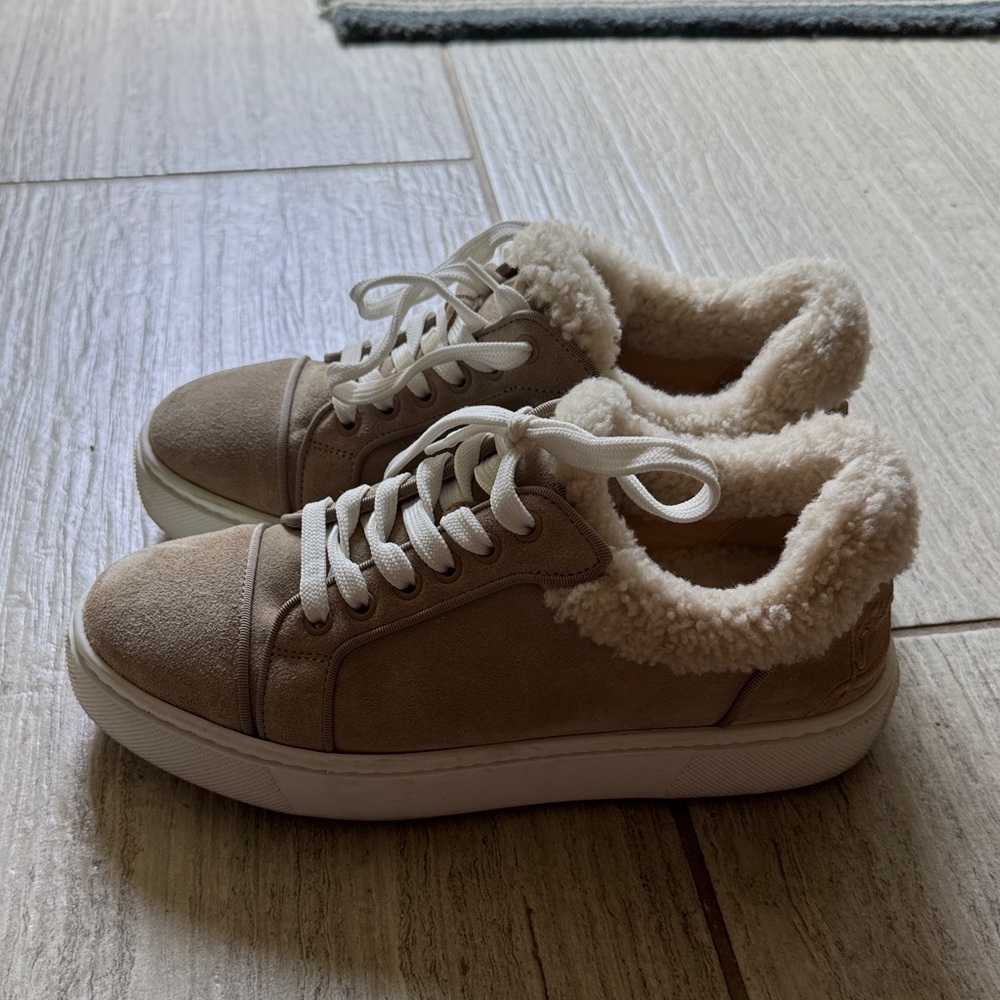Christian Louboutin Shearling-Trim Suede Sneakers in Beige
